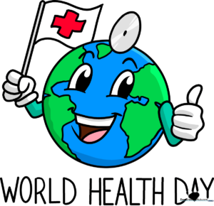 A vibrant, finished cartoon illustration of the Earth celebrating World Health Day.