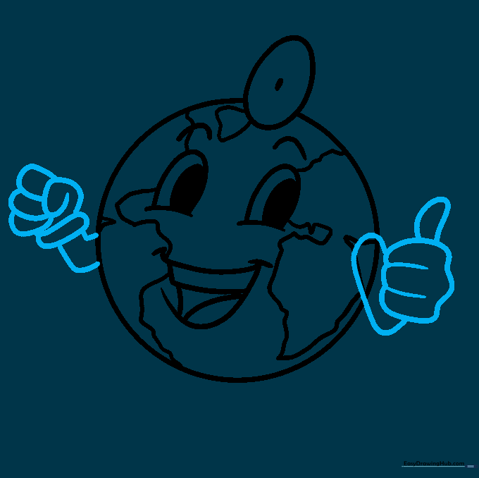 The Earth character now has arms, with one hand in a fist and the other giving a thumbs up.