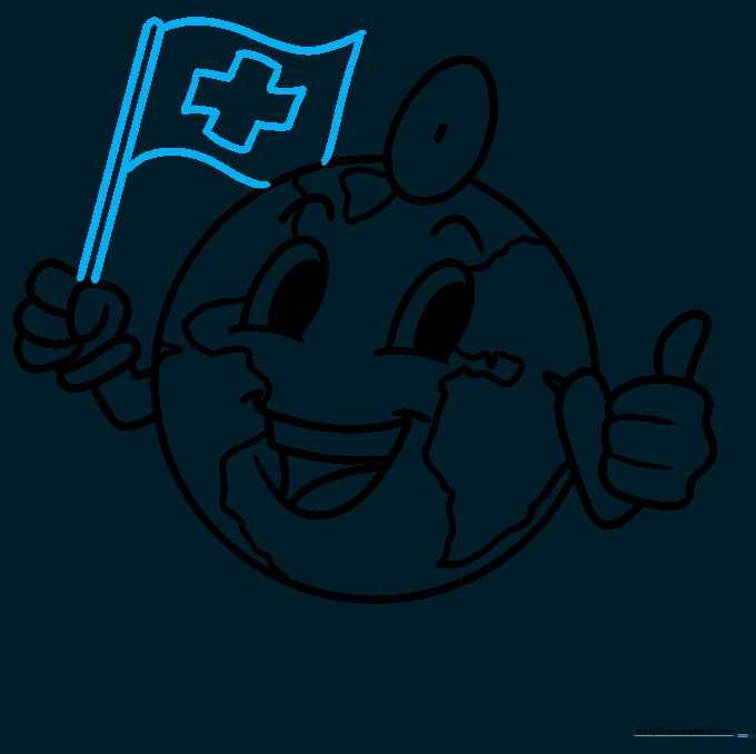 The Earth character is now holding a flag with a medical cross symbol.