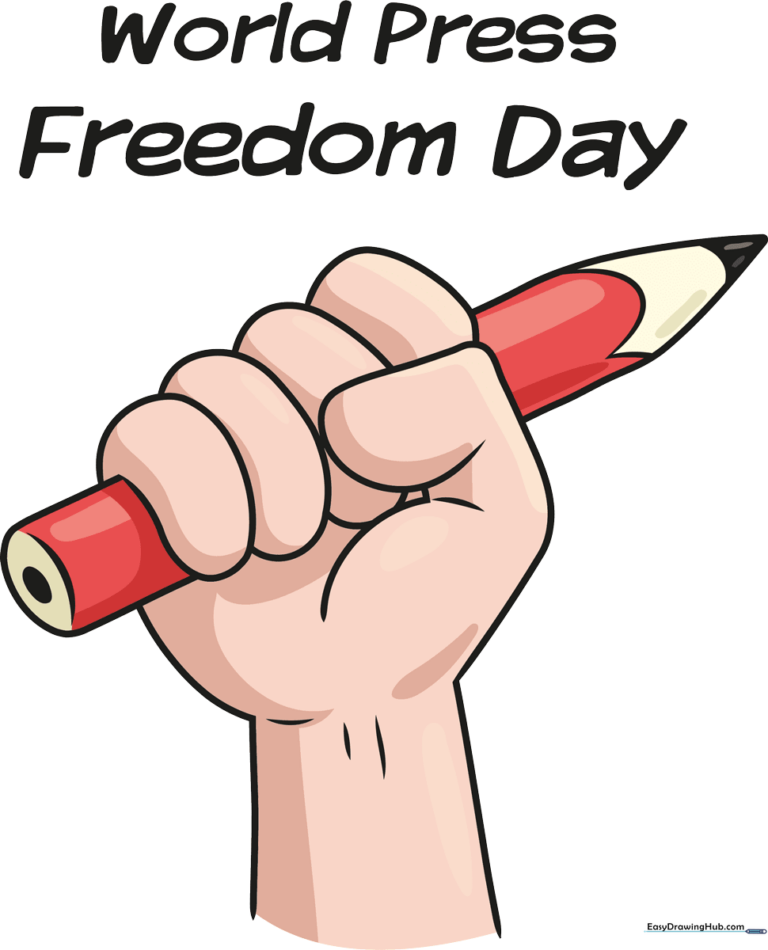A colorful, finished poster design for World Press Freedom Day featuring a hand holding a pencil.