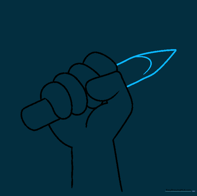 Drawing the sharpened point of the pencil held by the hand.