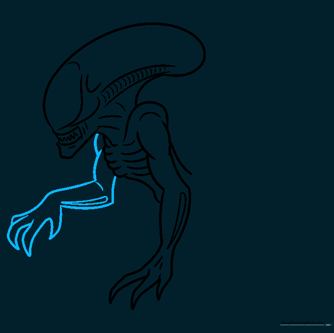 Sketching the second arm of the Xenomorph to complete the upper body pose.