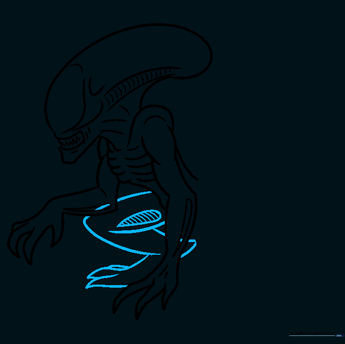 Drawing the Xenomorph's powerful, crouching leg with detailed muscle bands.