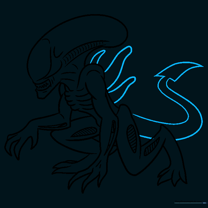 Sketching the Xenomorph's dorsal tubes and long, pointed tail.