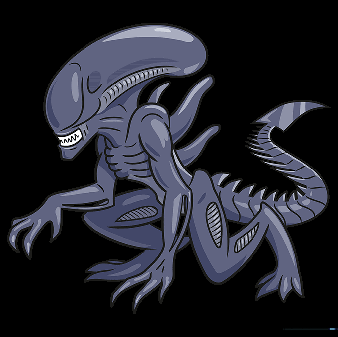 Final colored Xenomorph alien drawing with dark, metallic shading.