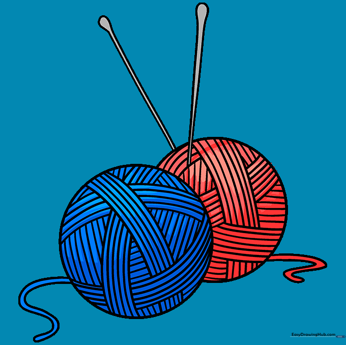 A finished, colorful drawing of two yarn balls with knitting needles.