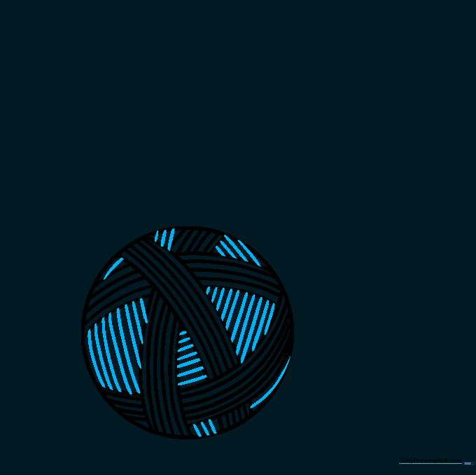 Filling in the remaining gaps on the yarn ball with detailed curved lines.
