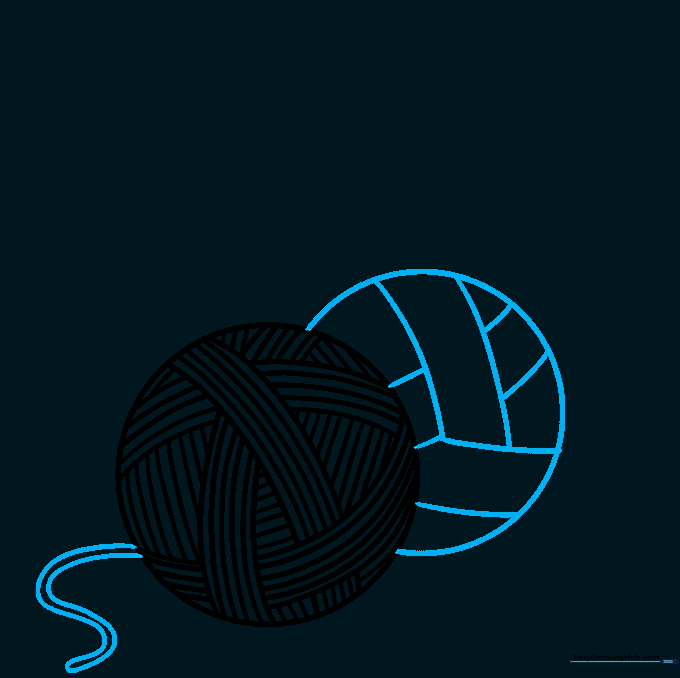 Drawing a second partial yarn ball and a loose, wavy string extending from the main ball.
