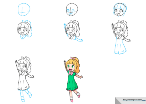 Colorful, completed drawing of a young anime girl with a ponytail and dress.