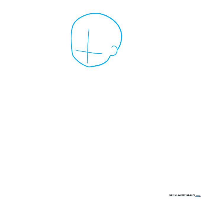Pencil sketch of an anime head shape with a crosshair grid for facial alignment.