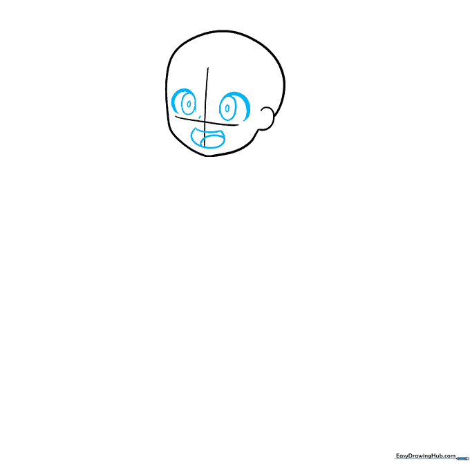 Anime face sketch showing eyes, nose, and mouth placement on the grid.
