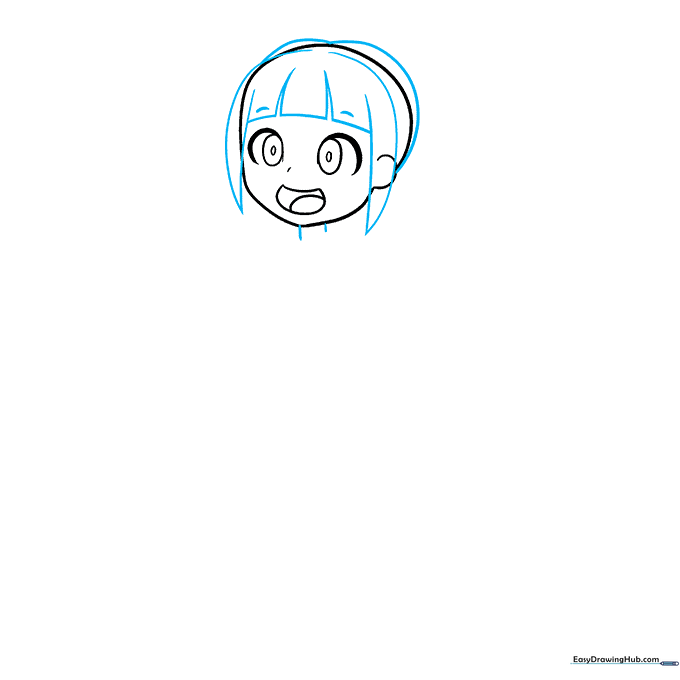 Anime girl sketch with hair bangs, eyebrows, and neck added.