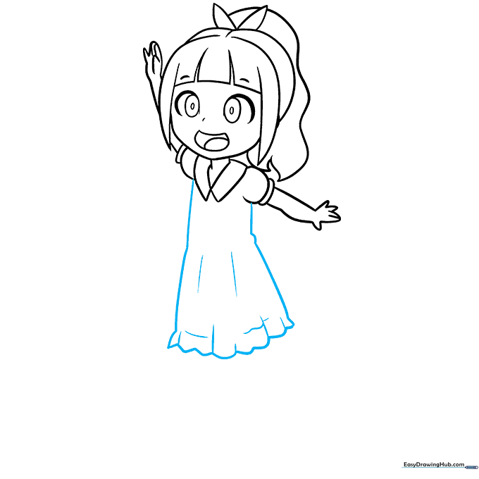 Anime girl sketch showing the full dress with scalloped hem details.
