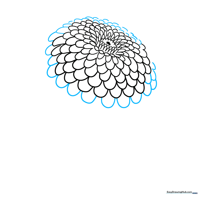 Adding final outer layers of petals to complete the volume of the zinnia flower.