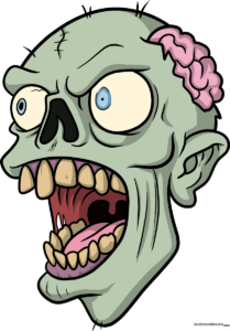 Colorful cartoon zombie face illustration, perfect for Halloween art projects.