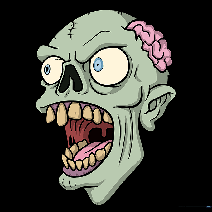 Final colored zombie face illustration with green skin, pink brain, and yellow teeth.