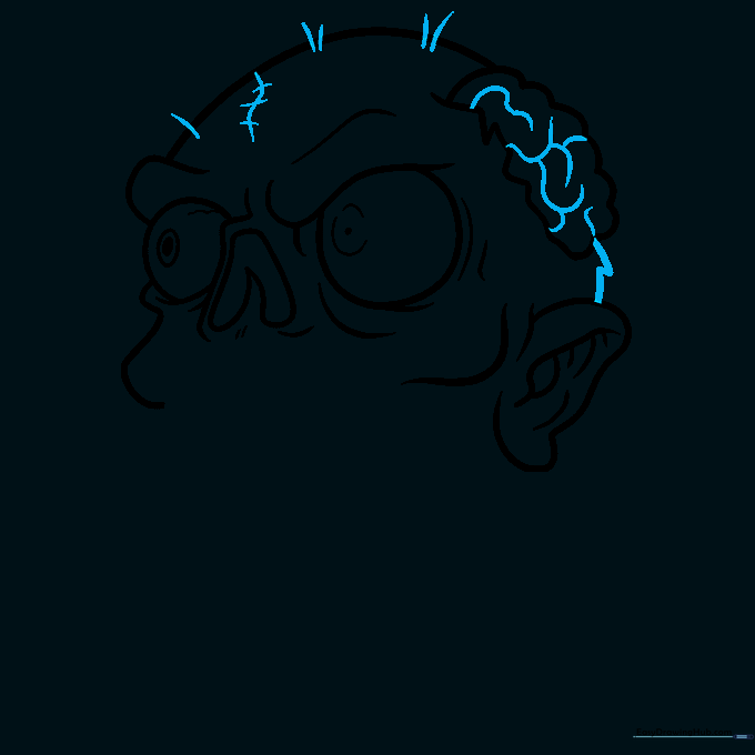 Adding detailed wavy lines to the brain area of the zombie drawing.