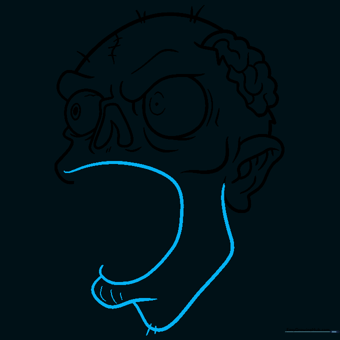 Outlining the open mouth and chin structure of the zombie face.