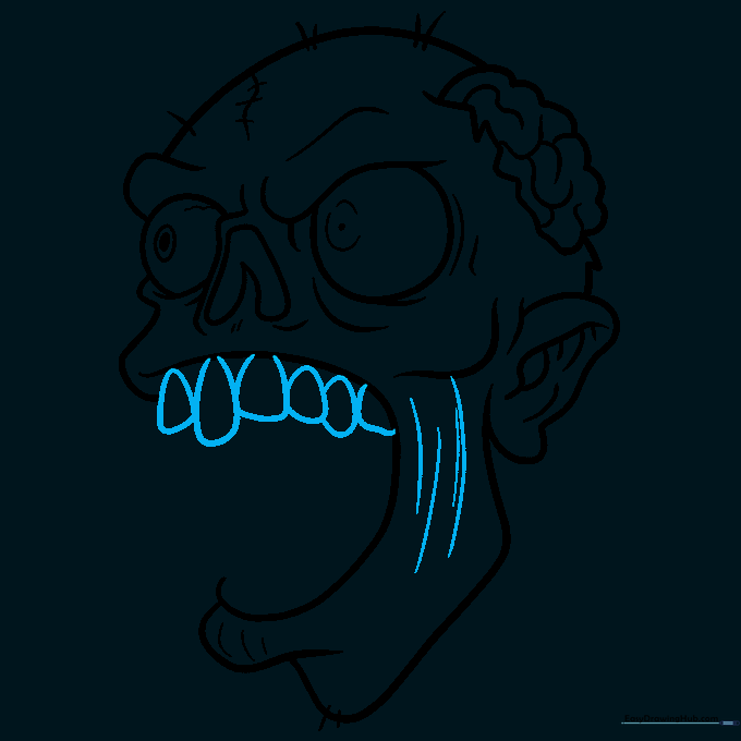 Drawing crooked, uneven top teeth inside the zombie's open mouth.