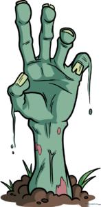 A colorful, finished illustration of a zombie hand emerging from the earth, perfect for Halloween.