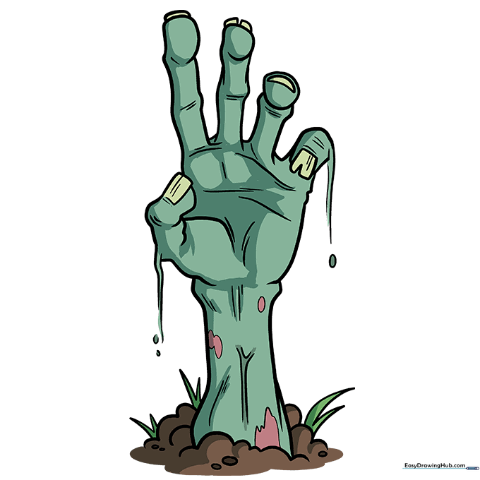 Fully colored zombie hand drawing with teal skin, pink muscle, and brown dirt.