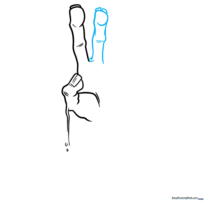 Adding a third finger to the zombie hand sketch, connecting it to the existing fingers with curved lines.