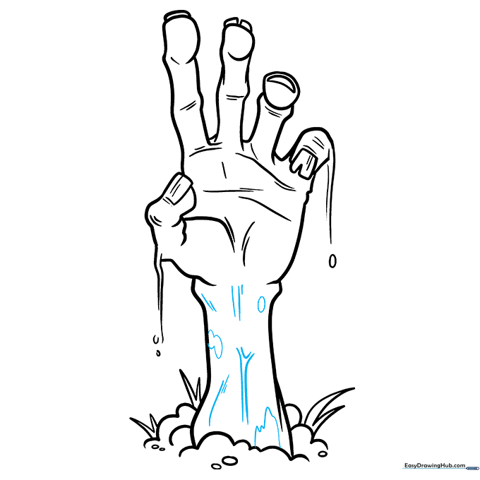 Final line art of the zombie hand with clean outlines and added texture details.