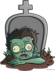 Colorful, finished drawing of a cartoon zombie rising from a grave in a cemetery.