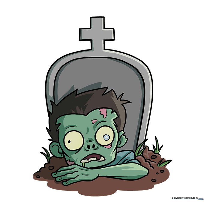 Fully colored cartoon zombie in a cemetery with teal skin and a gray tombstone.