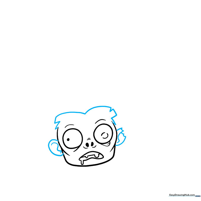 Adding ears with squiggly details and a messy, jagged hairline to the zombie's head.