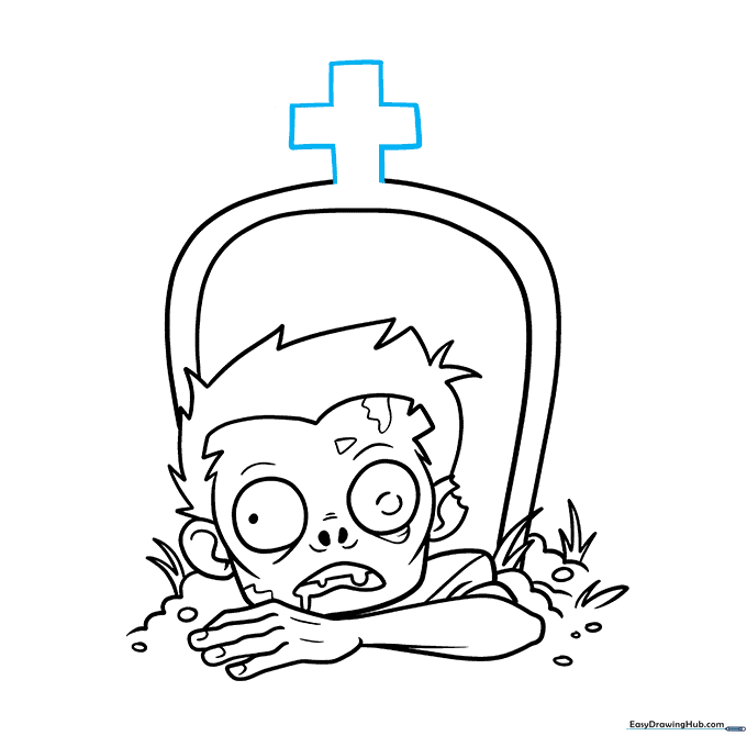 Final line art of the zombie in a cemetery with a cross on the tombstone.