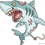 Colorful, finished illustration of a cartoon zombie shark.