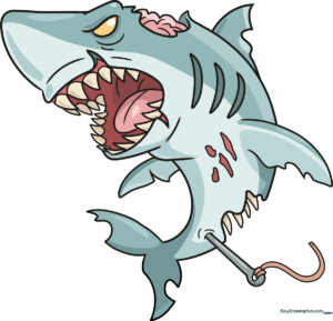 Colorful, finished illustration of a cartoon zombie shark.