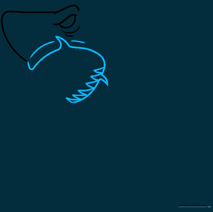Drawing the shark's open mouth with triangular teeth and guiding lines above.