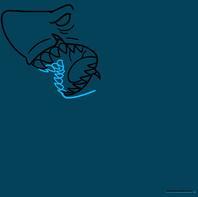 Adding the bottom row of teeth to complete the shark's jawline.
