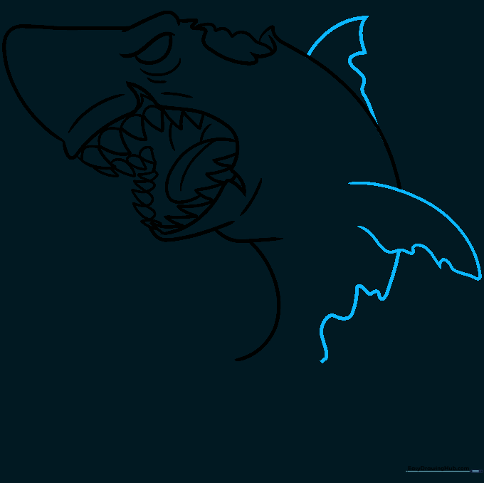 Adding jagged, tattered fins to the top and side of the zombie shark.