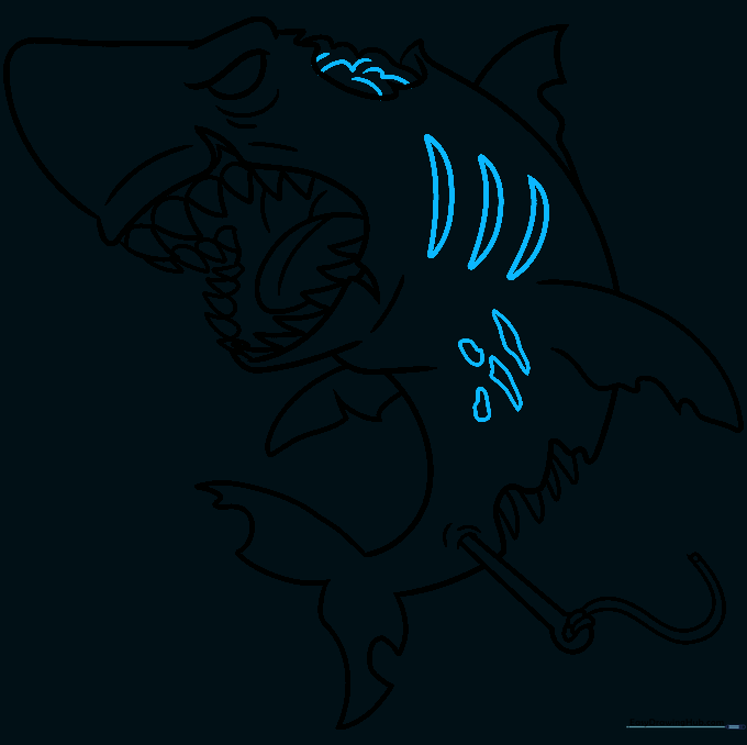 Final line art of the zombie shark with gills and brain details added.
