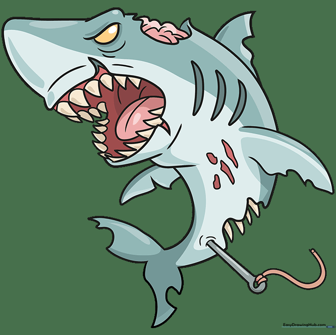 Fully colored zombie shark drawing with grey body, red mouth, and yellow teeth.