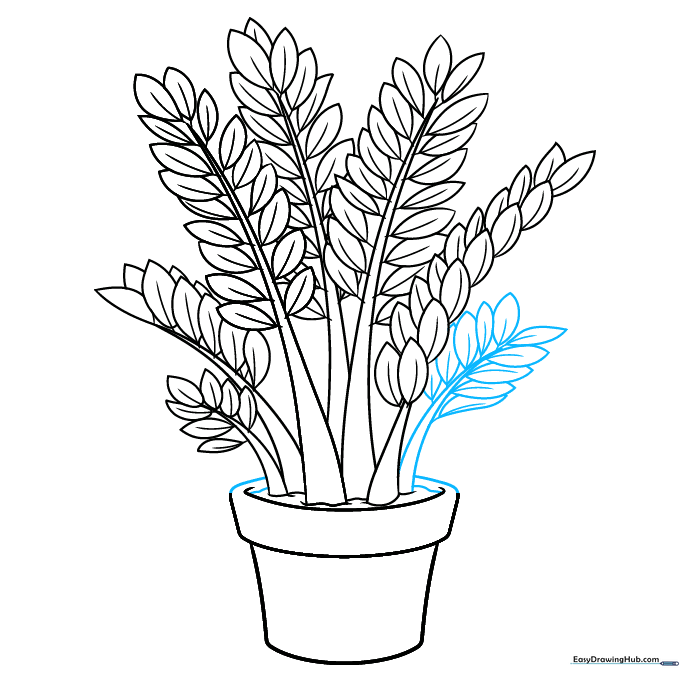 Finalizing the seventh stem and closing the flower pot outline.