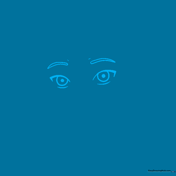 Close-up sketch of Aang's eyes with pupils and curved eyebrows on white paper.