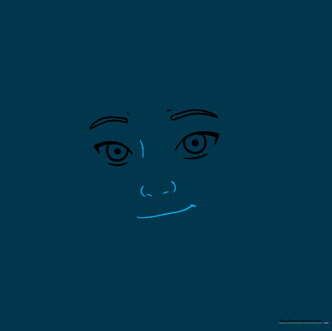 Pencil sketch showing the placement of Aang's nose and smiling mouth.