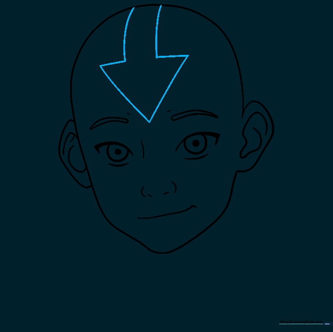 Aang's head with the Air Nomad arrow tattoo clearly drawn on the forehead.