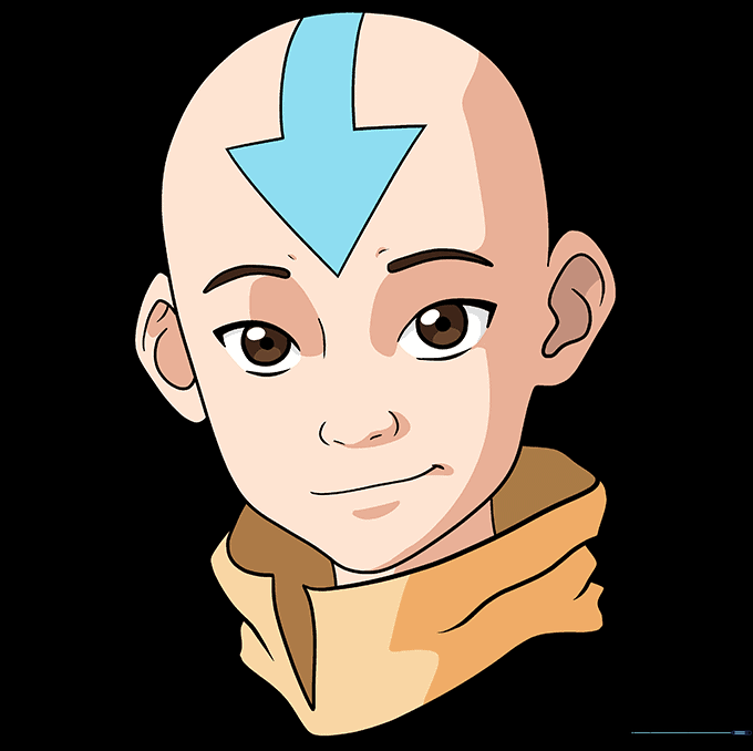 Fully colored drawing of Aang with orange robes and his signature blue arrow.