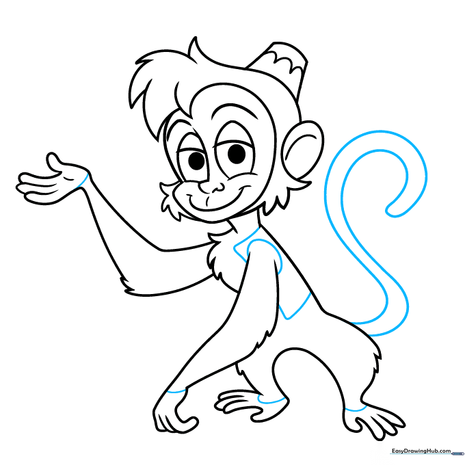 Finalizing the outline with vest details and the long, curved tail.