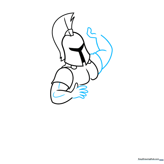 Drawing the arm and shoulder muscles of the hero with curved contour lines.