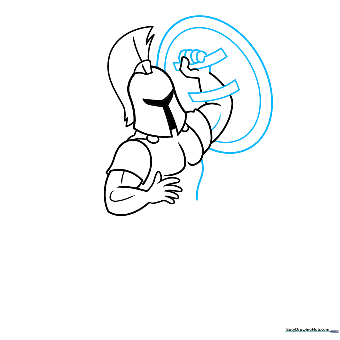 Achilles holding a round shield with detailed fingers and hand positioning.