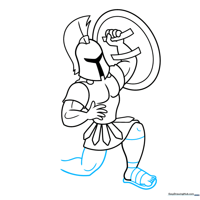 Detailing the legs and the strapped sandals of the ancient Greek warrior.