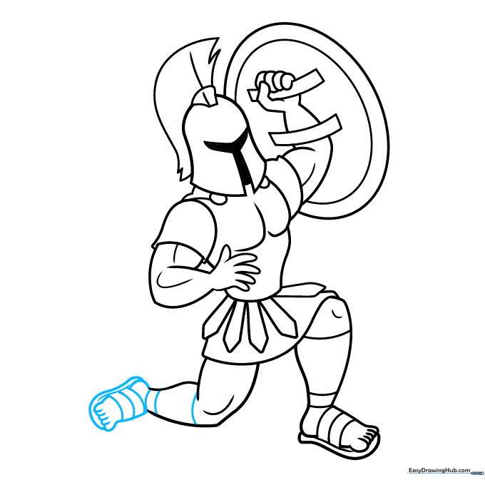 Finishing the second foot and sandal straps for the full-body character drawing.