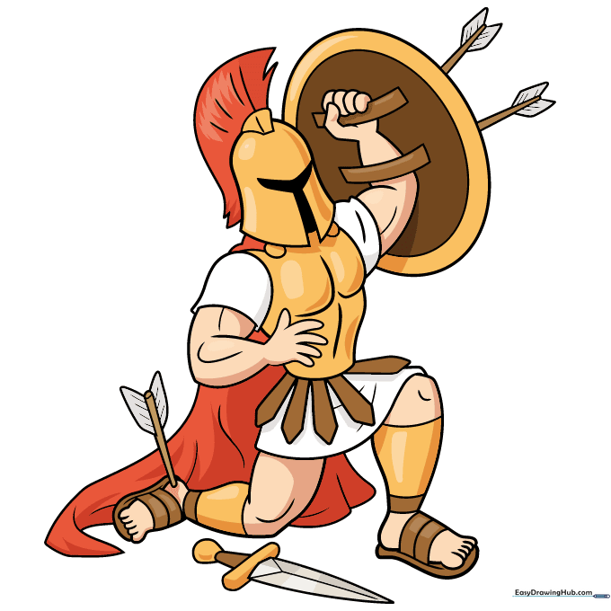 Fully colored drawing of Achilles with golden armor and a vibrant red cape.