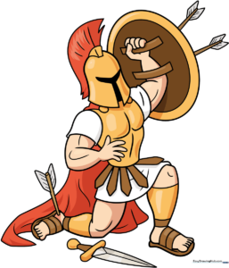 Heroic illustration of Achilles in full battle armor, ready for coloring.